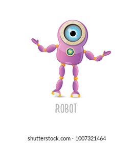 vector funny cartoon purple friendly robot character isolated on white background. Kids 3d robot toy logo design template. chat bot icon