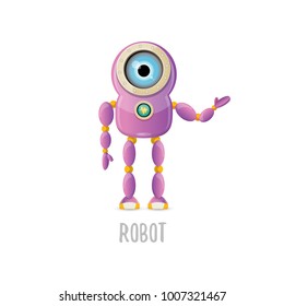 vector funny cartoon purple friendly robot character isolated on white background. Kids 3d robot toy logo design template. chat bot icon