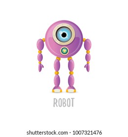 vector funny cartoon purple friendly robot character isolated on white background. Kids 3d robot toy logo design template. chat bot icon