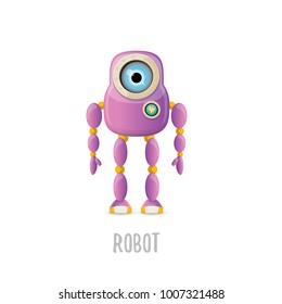 vector funny cartoon purple friendly robot character isolated on white background. Kids 3d robot toy logo design template. chat bot icon