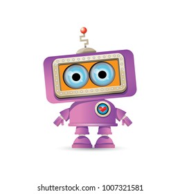 vector funny cartoon purple friendly robot character isolated on white background. Kids 3d robot toy logo design template. chat bot icon