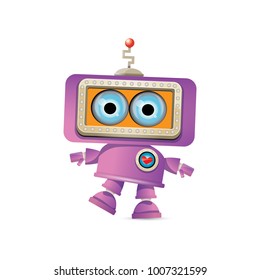 vector funny cartoon purple friendly robot character isolated on white background. Kids 3d robot toy logo design template. chat bot icon