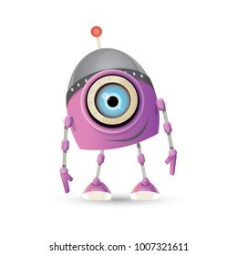 vector funny cartoon purple friendly robot character isolated on white background. Kids 3d robot toy logo design template. chat bot icon