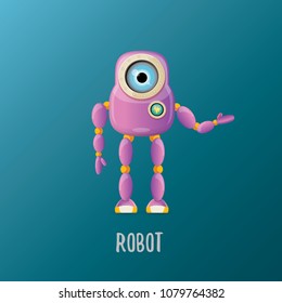 vector funny cartoon purple friendly robot character isolated on blue background. Kids 3d robot toy logo design template. chat bot icon