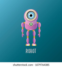 vector funny cartoon purple friendly robot character isolated on blue background. Kids 3d robot toy logo design template. chat bot icon