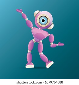 vector funny cartoon purple friendly robot character isolated on blue background. Kids 3d robot toy logo design template. chat bot icon