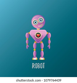 vector funny cartoon purple friendly robot character isolated on blue background. Kids 3d robot toy logo design template. chat bot icon