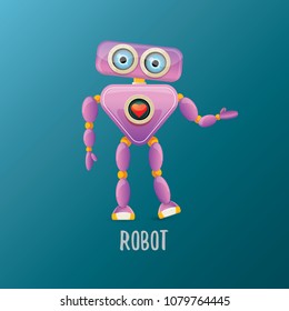 vector funny cartoon purple friendly robot character isolated on blue background. Kids 3d robot toy logo design template. chat bot icon