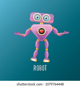 vector funny cartoon purple friendly robot character isolated on blue background. Kids 3d robot toy logo design template. chat bot icon