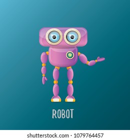 vector funny cartoon purple friendly robot character isolated on blue background. Kids 3d robot toy logo design template. chat bot icon