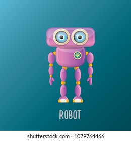 vector funny cartoon purple friendly robot character isolated on blue background. Kids 3d robot toy logo design template. chat bot icon