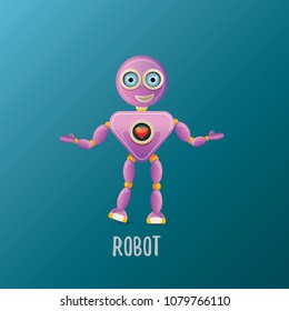 vector funny cartoon purple friendly robot character isolated on blue background. Kids 3d robot toy logo design template. chat bot icon