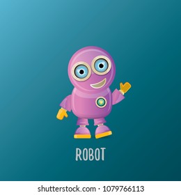 vector funny cartoon purple friendly robot character isolated on blue background. Kids 3d robot toy logo design template. chat bot icon