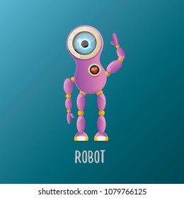 vector funny cartoon purple friendly robot character isolated on blue background. Kids 3d robot toy logo design template. chat bot icon