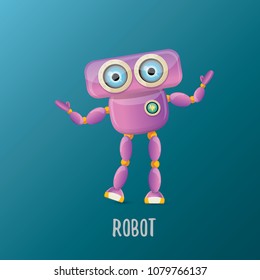 vector funny cartoon purple friendly robot character isolated on blue background. Kids 3d robot toy logo design template. chat bot icon