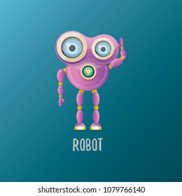vector funny cartoon purple friendly robot character isolated on blue background. Kids 3d robot toy logo design template. chat bot icon