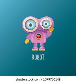 vector funny cartoon purple friendly robot character isolated on blue background. Kids 3d robot toy logo design template. chat bot icon