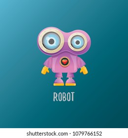 vector funny cartoon purple friendly robot character isolated on blue background. Kids 3d robot toy logo design template. chat bot icon