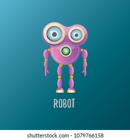vector funny cartoon purple friendly robot character isolated on blue background. Kids 3d robot toy logo design template. chat bot icon