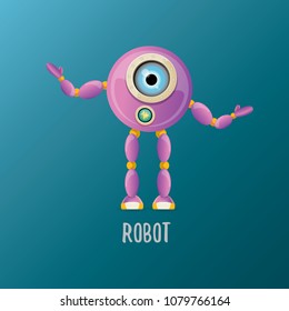 vector funny cartoon purple friendly robot character isolated on blue background. Kids 3d robot toy logo design template. chat bot icon