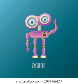vector funny cartoon purple friendly robot character isolated on blue background. Kids 3d robot toy logo design template. chat bot icon