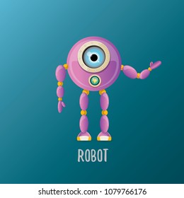 vector funny cartoon purple friendly robot character isolated on blue background. Kids 3d robot toy logo design template. chat bot icon
