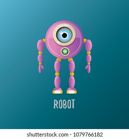 vector funny cartoon purple friendly robot character isolated on blue background. Kids 3d robot toy logo design template. chat bot icon