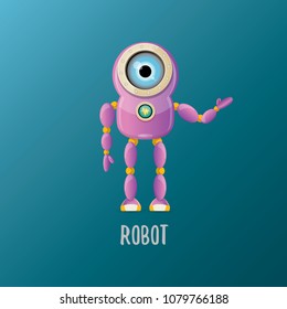 vector funny cartoon purple friendly robot character isolated on blue background. Kids 3d robot toy logo design template. chat bot icon