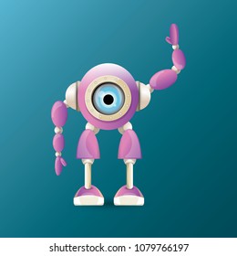 vector funny cartoon purple friendly robot character isolated on blue background. Kids 3d robot toy logo design template. chat bot icon