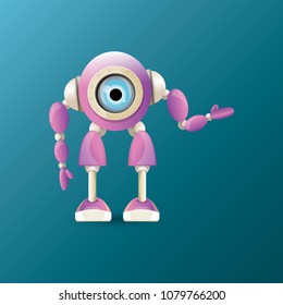 vector funny cartoon purple friendly robot character isolated on blue background. Kids 3d robot toy logo design template. chat bot icon