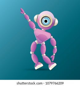 vector funny cartoon purple friendly robot character isolated on blue background. Kids 3d robot toy logo design template. chat bot icon