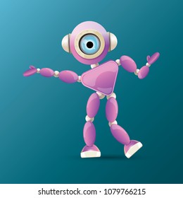 vector funny cartoon purple friendly robot character isolated on blue background. Kids 3d robot toy logo design template. chat bot icon