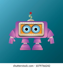 vector funny cartoon purple friendly robot character isolated on blue background. Kids 3d robot toy logo design template. chat bot icon