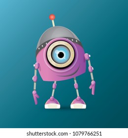vector funny cartoon purple friendly robot character isolated on blue background. Kids 3d robot toy logo design template. chat bot icon