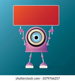vector funny cartoon purple friendly robot character isolated on blue background. Kids 3d robot toy logo design template. chat bot icon