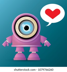 vector funny cartoon purple friendly robot character isolated on blue background. Kids 3d robot toy logo design template. chat bot icon