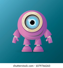 vector funny cartoon purple friendly robot character isolated on blue background. Kids 3d robot toy logo design template. chat bot icon