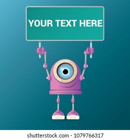 vector funny cartoon purple friendly robot character isolated on blue background. Kids 3d robot toy logo design template. chat bot icon