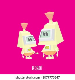 vector funny cartoon purple friendly robot character isolated on pink background. Kids 3d robot toy logo design template. chat bot icon
