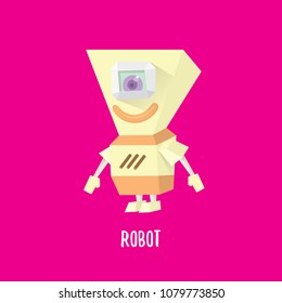 vector funny cartoon purple friendly robot character isolated on pink background. Kids 3d robot toy logo design template. chat bot icon