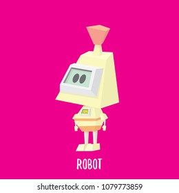 vector funny cartoon purple friendly robot character isolated on pink background. Kids 3d robot toy logo design template. chat bot icon