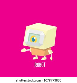vector funny cartoon purple friendly robot character isolated on pink background. Kids 3d robot toy logo design template. chat bot icon