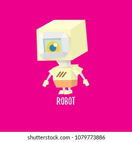 vector funny cartoon purple friendly robot character isolated on pink background. Kids 3d robot toy logo design template. chat bot icon