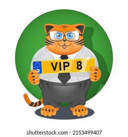Vector funny cartoon red fat cat in clothes and with yellow car number VIP 8. European automotive gold license plate. Very important puss