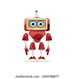 vector funny cartoon red friendly robot character isolated on white background. Kids 3d robot toy logo design template. chat bot icon