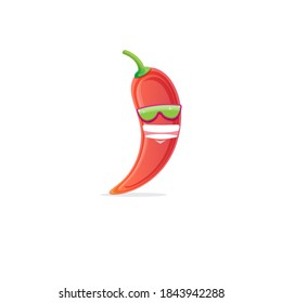 Vektorkomischer Cartoon roter scharfer Chilischoten mit Sonnenbrille einzeln auf weißem Hintergrund. funky lächelnde süße mexikanische Paprika Paprika Paprika Gemüsecharakter. 