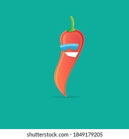 vector funny cartoon red hot chilli pepper character with sunglasses isolated on azure background. funky smiling cute mexican paprika pepper vegetable character. 