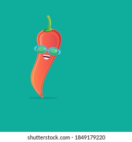 vector funny cartoon red hot chilli pepper character with sunglasses isolated on azure background. funky smiling cute mexican paprika pepper vegetable character. 