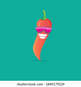 vector funny cartoon red hot chilli pepper character with sunglasses isolated on azure background. funky smiling cute mexican paprika pepper vegetable character. 