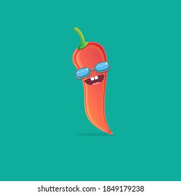 caricatura vectorial divertida caricatura rojo picante pimienta con gafas de sol aisladas en fondo azul. funky sonriente lindo personaje mexicano de paprika pimienta vegetal. 